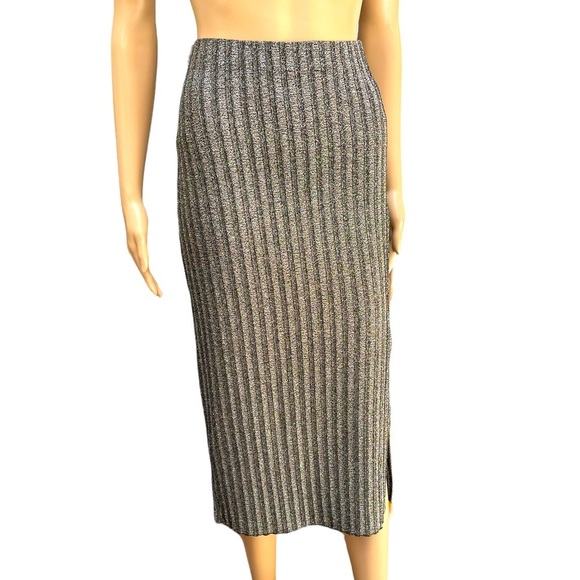 H&M black silver shimmer stretch Bodycon midi skirt side split size medium - Picture 1 of 9